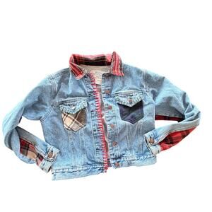 Vintage Jordache Denim Jean Jacket 90s plaid flannel patchwork detail Medium